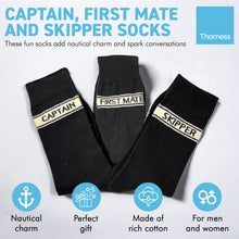 Load image into Gallery viewer, CAPTAIN, FIRST MATE AND SKIPPER SOCKS | 3 x Pairs of Socks | Sailing Gift | Gifts for boat owners | Nautical socks | Cotton rich | Adult Size UK 6-12 EU 39-46