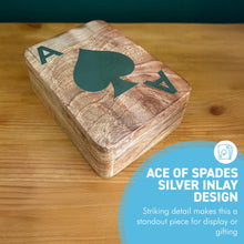 Load image into Gallery viewer, Handcrafted 𝗪𝗢𝗢𝗗𝗘𝗡 𝗣𝗟𝗔𝗬𝗜𝗡𝗚 𝗖𝗔𝗥𝗗 𝗕𝗢𝗫 with Silver Ace of Spades Inlay – Single Deck Storage Case with Playing Cards, Poker Gift for Card Players
