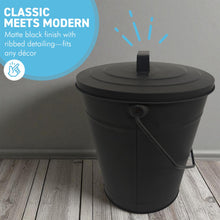 Load image into Gallery viewer, 𝗠𝗔𝗧𝗧 𝗕𝗟𝗔𝗖𝗞 𝟭𝟮" 𝗔𝗦𝗛 𝗕𝗨𝗖𝗞𝗘𝗧 𝗪𝗜𝗧𝗛 𝗟𝗜𝗗 | 𝗛𝟯𝟲𝗖𝗠 𝗫 𝗗𝗜𝗔. 𝟮𝟴𝗖𝗠 | Coal & Ash Storage Bucket with Handle | Heat-Resistant Metal Fireside Accessory for Fireplace | Log Burner | Stove or Fire Pit | Ash Collection