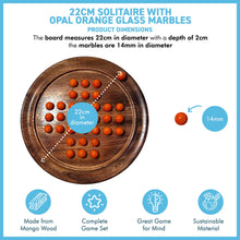 Load image into Gallery viewer, 22cm Diameter wooden SOLITAIRE BOARD GAME with OPAL ORANGE GLASS MARBLES | classic wooden solitaire game | strategy board game | family board game | games for one | board games