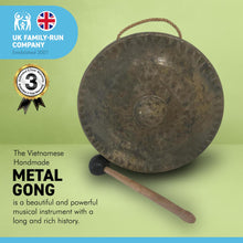 Load image into Gallery viewer, Vietnamese HANDMADE METAL GONG - natural aged finish – 23cm diameter/ 9 inches diameter GONG | Lightweight Sturdy and Durable | Music Therapy | Dinner Gong | Meditation | Percussion Music.
