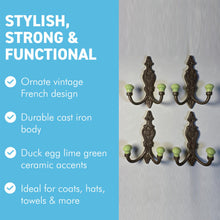 Load image into Gallery viewer, Set of 4 𝗙𝗥𝗘𝗡𝗖𝗛 𝗦𝗧𝗬𝗟𝗘 𝗖𝗔𝗦𝗧 𝗜𝗥𝗢𝗡 𝗗𝗢𝗨𝗕𝗟𝗘 𝗛𝗢𝗢𝗞𝗦 – Lime Green Ceramic Tops, Wall Coat Hooks for Hallway, Cloakroom, Bedroom