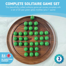 Load image into Gallery viewer, 30cm Diameter WOODEN SOLITAIRE BOARD GAME with Pea Green Glass Marbles | |classic wooden solitaire game | strategy board game | family board game | games for one | board games