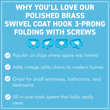 Load image into Gallery viewer, Polished Brass 𝟯-𝗣𝗥𝗢𝗡𝗚 𝗦𝗪𝗜𝗩𝗘𝗟 𝗖𝗢𝗔𝗧 𝗛𝗢𝗢𝗞, Folding Wall Mount Hanger with Screws Included