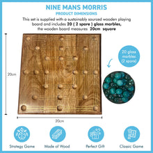 Load image into Gallery viewer, Nine Mans Morris marble game with wooden board | Quirky strategy solitaire marble game | includes 20 glass marbles and wooden board | 14cm x 14cm | Mill Game | Traditional wooden game