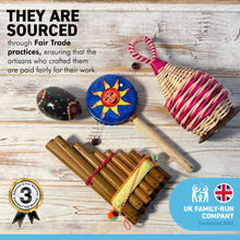 Load image into Gallery viewer, ROUND THE WORLD 4 PIECE MUSICAL INSTRUMENT GIFT BOX | A selection of Fair Trade percussion and wind instruments celebrating music from around the world | musical delights and global sounds from around the world.