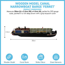 Load image into Gallery viewer, Detailed 20cm Wooden Model Canal Narrowboat Barge 'Ferret' | Fully Assembled, OO Gauge | Ideal Canal Boat & Narrowboat Gift