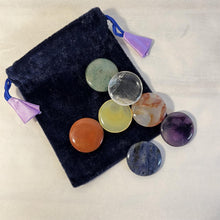 Load image into Gallery viewer, Set of 7 Chakra Discs supplied with a Velvet Bag | Discs include Clear Quartz, Amethyst, Sodalite, Green Aventurine, Yellow Onyx, Carnelian, and Red Jasper.