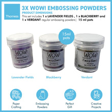 Load image into Gallery viewer, 3 x Wow! Embossing Powders 15ml | LAVENDER FIELDS, BLACKBERRY AND VERDANT regular| Free your creativity and give your embossing sparkle