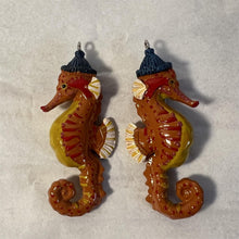Load image into Gallery viewer, Pair of ceramic cute bobble hat Seahorse hanging ornaments | Light Pulls | Nautical Theme ceramic Cord Pull Light Pulls
