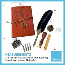 Load image into Gallery viewer, BLACK FEATHER QUILL 5 NIBS PEN NOTEBOOK QUILL PEN STAND INK WAX SEAL AND FLEUR DE LIS STAMP | Calligraphy Set | Writing Set | Ink Pen | Leather Bound Notebook | Feather Pen