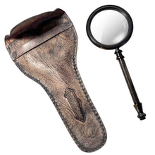 Load image into Gallery viewer, Nautical 20cm Brass Handheld Magnifying Glass with distressed leather pouch - maritime decor