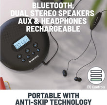 Load image into Gallery viewer, Bluetooth Portable CD Player with Speakers | Rechargeable Battery & 12 Hours of Playtime | Stereo Speakers & In-line Remote Headphones Included | AUX, Custom EQ Settings, Anti-Skip | Oakcastle CD125
