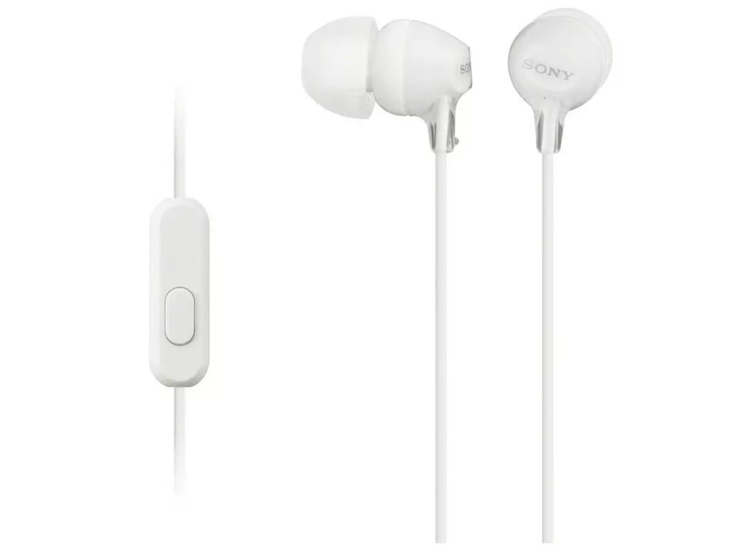 Sony White MDR-EX15AP In-Ear Wired Headphones | Lightweight secure-fitting silicone earbuds | 1.2m cord length | Compatible with universal smartphones.