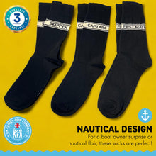Load image into Gallery viewer, CAPTAIN, FIRST MATE AND SKIPPER SOCKS | 3 x Pairs of Socks | Sailing Gift | Gifts for boat owners | Nautical socks | Cotton rich | Adult Size UK 6-12 EU 39-46