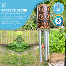 Load image into Gallery viewer, 44cm Length Indonesian Home and Garden Bamboo Burnt Swirl Windchime | chime ornament | wooden wind chimes | Classic Zen Garden windchime for relaxation | Bamboo wind chimes for garden.

