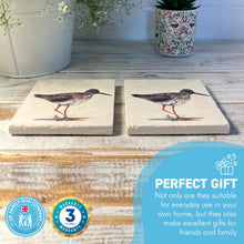 Load image into Gallery viewer, 2 x REDSHANK STONE COASTERS | Stone Coasters | Animal novelty gift | Coaster for glass, mugs and cups| Square coaster for drinks | Bird gift | Meg Hawkins art | 10cm x 10cm
