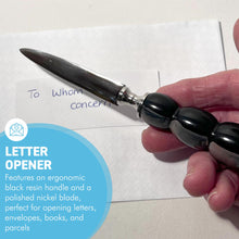 Load image into Gallery viewer, Nickel Letter Opener with black and grey round handle, perfect for school, home, or office use