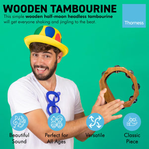 Handheld headless HALF-MOON WOODEN TAMBOURINE 22cm wide | Traditional single jingle bell row | Educational musical instrument | Musical Instrument for Children Adults Music Classes