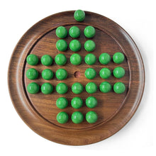 Load image into Gallery viewer, 30cm Diameter WOODEN SOLITAIRE BOARD GAME with Pea Green Glass Marbles | |classic wooden solitaire game | strategy board game | family board game | games for one | board games