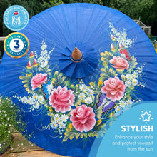 Load image into Gallery viewer, FLORAL OILED PAPER SUNSHADE PARASOL | Sun Protection | Wedding Accessories | UV Protection | Pink and Blue Flowers | Butterflies| Blue