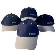Load image into Gallery viewer, Set of 4 Adjustable Navy-Blue Baseball Caps, Engineer, Captain, Crew & First Mate, Nautical Boating Hats for Sailing, Yachting & Team Uniform