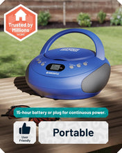 Load image into Gallery viewer, 𝗣𝗢𝗥𝗧𝗔𝗕𝗟𝗘 𝗕𝗟𝗨𝗘𝗧𝗢𝗢𝗧𝗛 𝗖𝗗 𝗕𝗢𝗢𝗠𝗕𝗢𝗫 with FM radio | CD, CD-R, CD-RW | 30 Presets | Easy Controls, LED Display, Headphone Jack | OAKCASTLE CD250 (Blue)