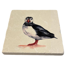 Load image into Gallery viewer, PROFESSOR PUFFIN STONE COASTER | Stone Coasters | Animal novelty gift | Coaster for glass, mugs and cups| Square coaster for drinks | Puffin gift | Meg Hawkins art | 10cm x 10cm