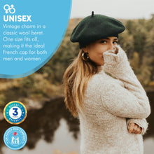 Load image into Gallery viewer, Dark Green French Beret Hat | Classic wool hat | One size | French cap |  Fancy dress theme hat | Vintage French Beret solid colour | Unisex style ideal for men and women