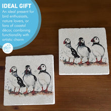 Load image into Gallery viewer, Two Puffin Stone Coasters with watercolour illustration, Decorative Wildlife Coasters, British artist, Meg Hawkins