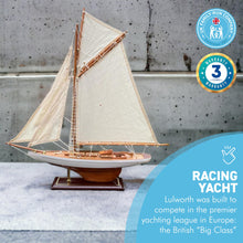 Load image into Gallery viewer, Fully Rigged Lulworth Model Yacht | 65cm (L) x 72cm (H) | Nautical ornament | sailboat model | Lulworth sailing ship model | Fully assembled model boat ready for display