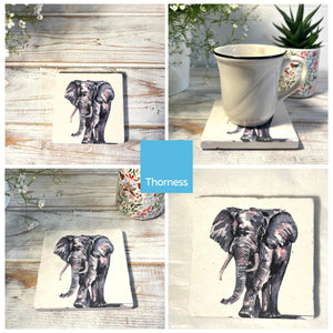 ELEPHANT STONE COASTER | Stone Coasters | Animal novelty gift | Coaster for glass, mugs and cups| Square coaster for drinks | Elephant gift | Meg Hawkins art | 10cm x 10cm
