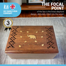 Load image into Gallery viewer, Handcrafted wooden storage trinket jewellery box | keepsake box | brass Elephant design inlaid | 17cm (w) x 7cm (h) | A Timeless Treasure of Craftsmanship