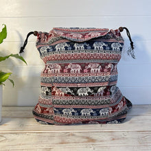 Load image into Gallery viewer, ELEPHANT BACKPACK| Bag with front and inside pocket | Red and blue bag | Unisex bags | Backpack for beach and travel | Elephant gifts | 35cm (L) x 34cm (W)