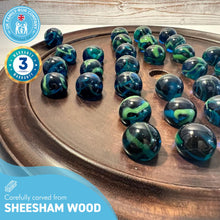 Load image into Gallery viewer, 30cm Diameter WOODEN SOLITAIRE BOARD GAME with SEA TURTLE GLASS MARBLES | classic wooden solitaire game | strategy board game | family board game | games for one | board games