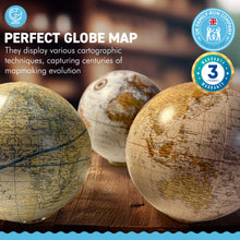 Load image into Gallery viewer, Set Of three Globes with individual display stands | Exploration globes desk set | Each 10cm in diameter | Presented in gift packaging | showcase different cartographic styles