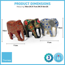 Load image into Gallery viewer, SET OF THREE PAPER MACHE ELEPHANT ORNAMENTS | Animal Decorations | Wildlife Sculptures | Paper Mache Animals | Multi coloured | Home Decor | Elephants represent Good Luck