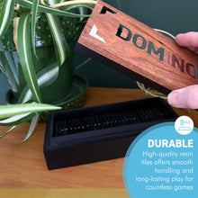 Load image into Gallery viewer, DOMINOES SET IN WOODEN STORAGE BOX – Chrome Inlay Lid – Resin Tiles – Classic Game for Family & Friends