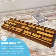 Load image into Gallery viewer, Folding Wooden Cribbage Board and Travel Set with Cards and Metal Scoring Pins – Compact, Portable Cribbage Game Box