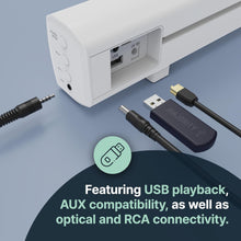 Load image into Gallery viewer, Majority Bowfell | BLUETOOTH SOUND BAR FOR TV | 50 Watt 2.0 Stereo Speaker Soundbar | Optical, RCA, USB, MP3 & AUX Input | 38cm | Custom EQ Settings & Remote Control (White)