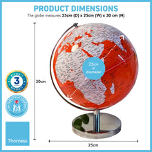 Load image into Gallery viewer, ORANGE WORLD GLOBE | Globes of the world | World globe for adults | Earth globe | Desk ornament | Explorers gift | World globe | 25cm (D) x 25cm (W) x 30 cm (H)