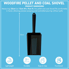 Load image into Gallery viewer, 𝗘𝗡𝗔𝗠𝗘𝗟𝗟𝗘𝗗 𝗦𝗧𝗘𝗘𝗟 𝗪𝗢𝗢𝗗𝗙𝗜𝗥𝗘 𝗣𝗘𝗟𝗟𝗘𝗧 & 𝗖𝗢𝗔𝗟 𝗦𝗛𝗢𝗩𝗘𝗟 | Matt Black Metal Scoop | 33cm (L) | Dust-Free | Easy Scooping | Durable | BBQ cooking