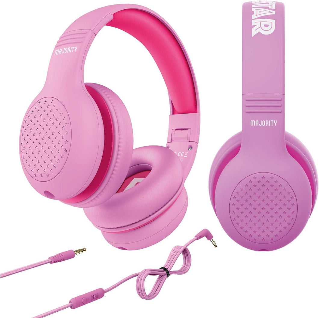 Majority Wired Childrens PINK HEADPHONES OVER EAR | Comfort Soft Cushion Earpads | Lightweight & Fully Foldable Childrens Headphones Superstar | 85-94db Volume Limiter for School, Travel & Home | Pink
