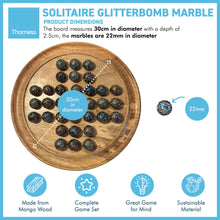 Load image into Gallery viewer, 30cm Diameter WOODEN SOLITAIRE BOARD GAME with GLITTERBOMB GLASS MARBLES | classic wooden solitaire game | strategy board game | family board game | games for one | board games
