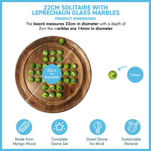 Load image into Gallery viewer, 22cm Diameter wooden SOLITAIRE BOARD GAME with GREEN LEPRECHAUN GLASS MARBLES | classic wooden solitaire game | strategy board game | family board game | games for one | board games