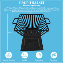 Load image into Gallery viewer, 𝗛𝗘𝗔𝗩𝗬 𝗗𝗨𝗧𝗬 𝗦𝗧𝗘𝗘𝗟 𝗦𝗧𝗔𝗡𝗗𝗜𝗡𝗚 𝗙𝗜𝗥𝗘 𝗕𝗔𝗦𝗞𝗘𝗧 𝘄𝗶𝘁𝗵 𝗔𝘀𝗵 𝗧𝗿𝗮𝘆 𝗛𝟰𝟱 𝘅 𝗪𝟯𝟵𝗰𝗺 | Fire Pit | Raised Design | 4-Leg Base | Easy Assembly | Outdoor Fire Bowl