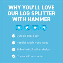 Load image into Gallery viewer, 𝗖𝗔𝗦𝗧 𝗜𝗥𝗢𝗡 𝗟𝗢𝗚 𝗦𝗣𝗟𝗜𝗧𝗧𝗘𝗥 𝗪𝗜𝗧𝗛 𝗛𝗔𝗠𝗠𝗘𝗥 | 31cm (12”) (H) | Wood & Kindling Splitting Tool | Firewood Cutter with Pre-Drilled Base | Splitting Blade | Fireplace Decor