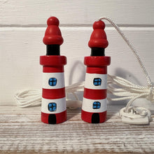 Load image into Gallery viewer, Pair of Red and white Lighthouse light pulls | Nautical Theme Wooden Lighthouse Cord Pull Light Pulls