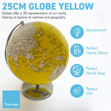 Load image into Gallery viewer, YELLOW WORLD GLOBE | Globes of the world | World globe for adults | Earth globe | Desk ornament | Explorers gift | World globe | 25cm (D) x 25cm (W) x 30 cm (H)