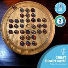 Load image into Gallery viewer, 30cm Diameter WOODEN SOLITAIRE BOARD GAME with FUNFAIR GLASS MARBLES | classic wooden solitaire game | strategy board game | family board game | games for one | board games